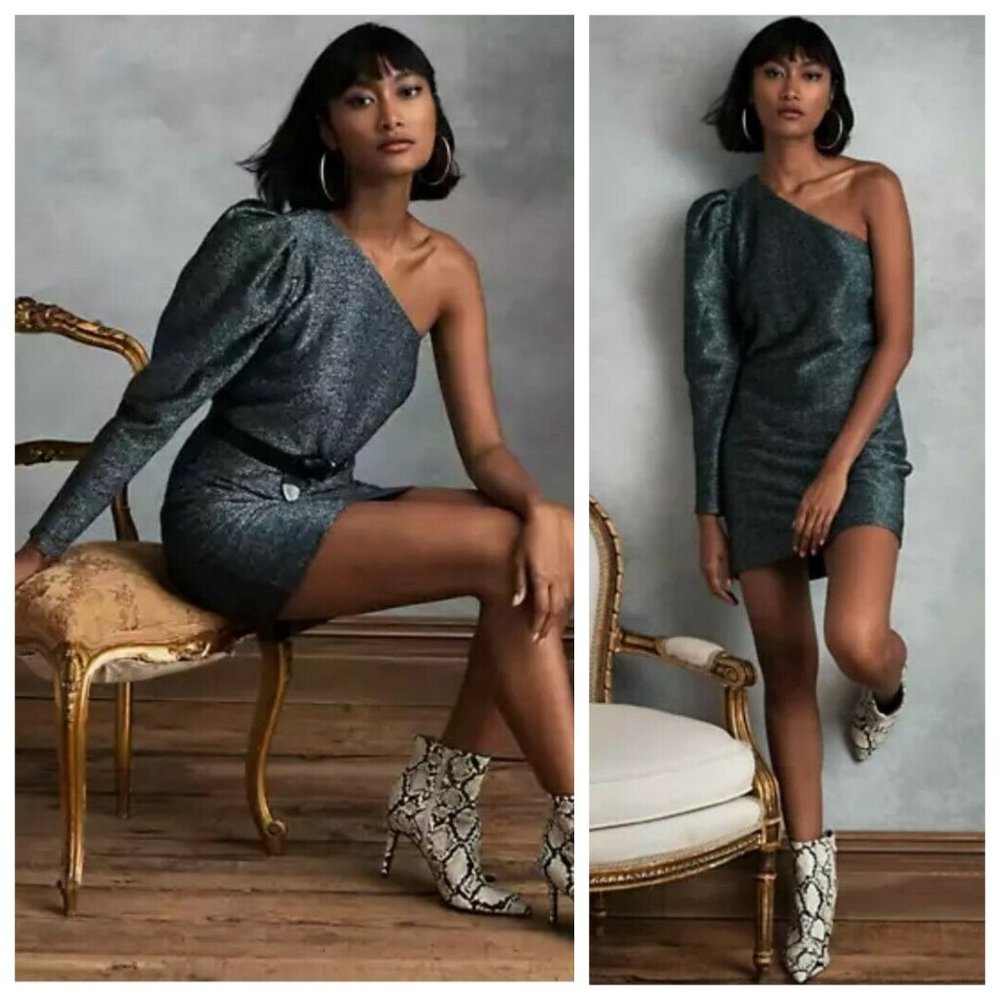 NWT HappyxNature Blue Metallic Puff Shoulder Dress